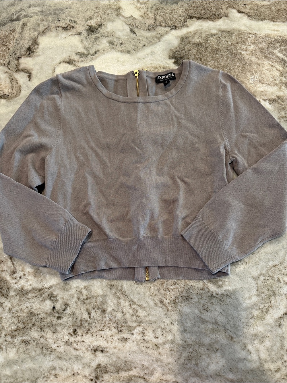 Express Gray Cropped Crewneck Sweater with Back Zip